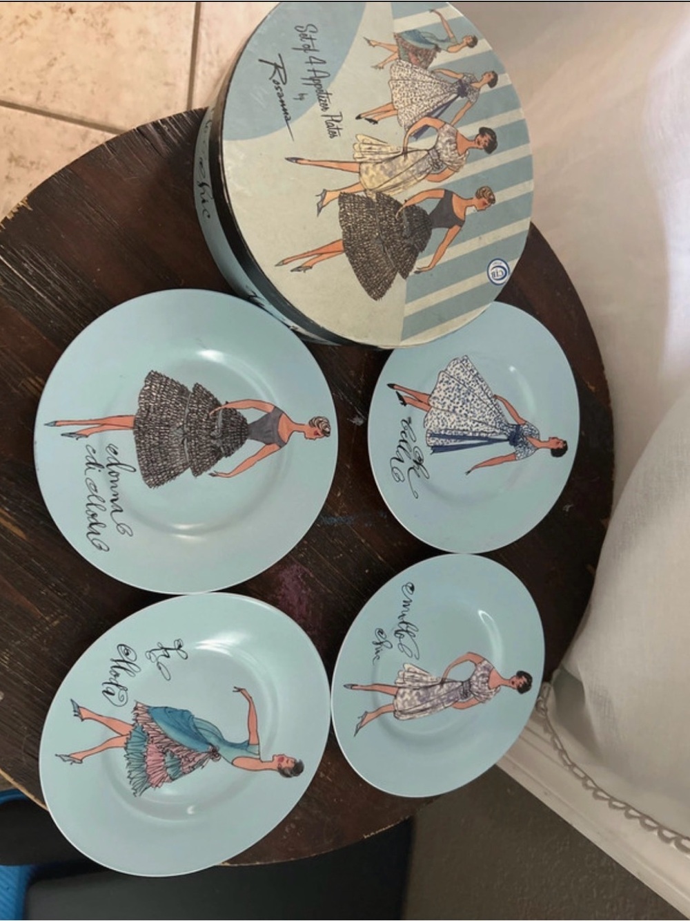 Rosanna Aqua Blue Fashion Illustration Salad Plate Set 4